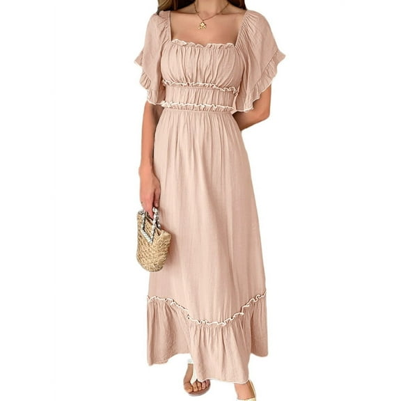 Women Short Sleeve Midi Dress Square Neck Contrast Color Casual Rick Rack Smocked Dresses Orange Pink S