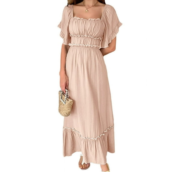 Women Short Sleeve Midi Dress Square Neck Contrast Color Casual Rick Rack Smocked Dresses Orange Pink XL