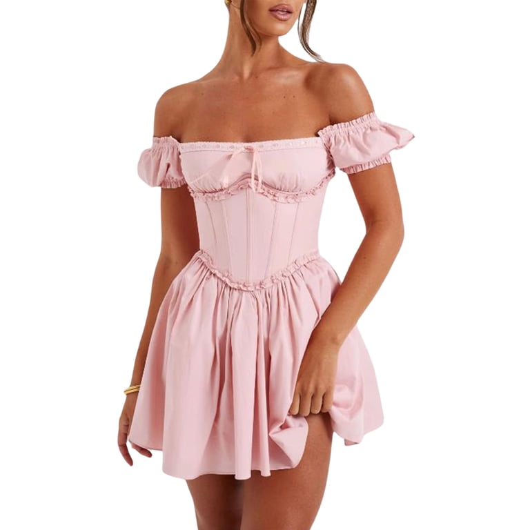 Women Short Sleeve Mini Dress Solid Color Backless Corset Party A-Line Dress  Summer Streetwear - Walmart.com