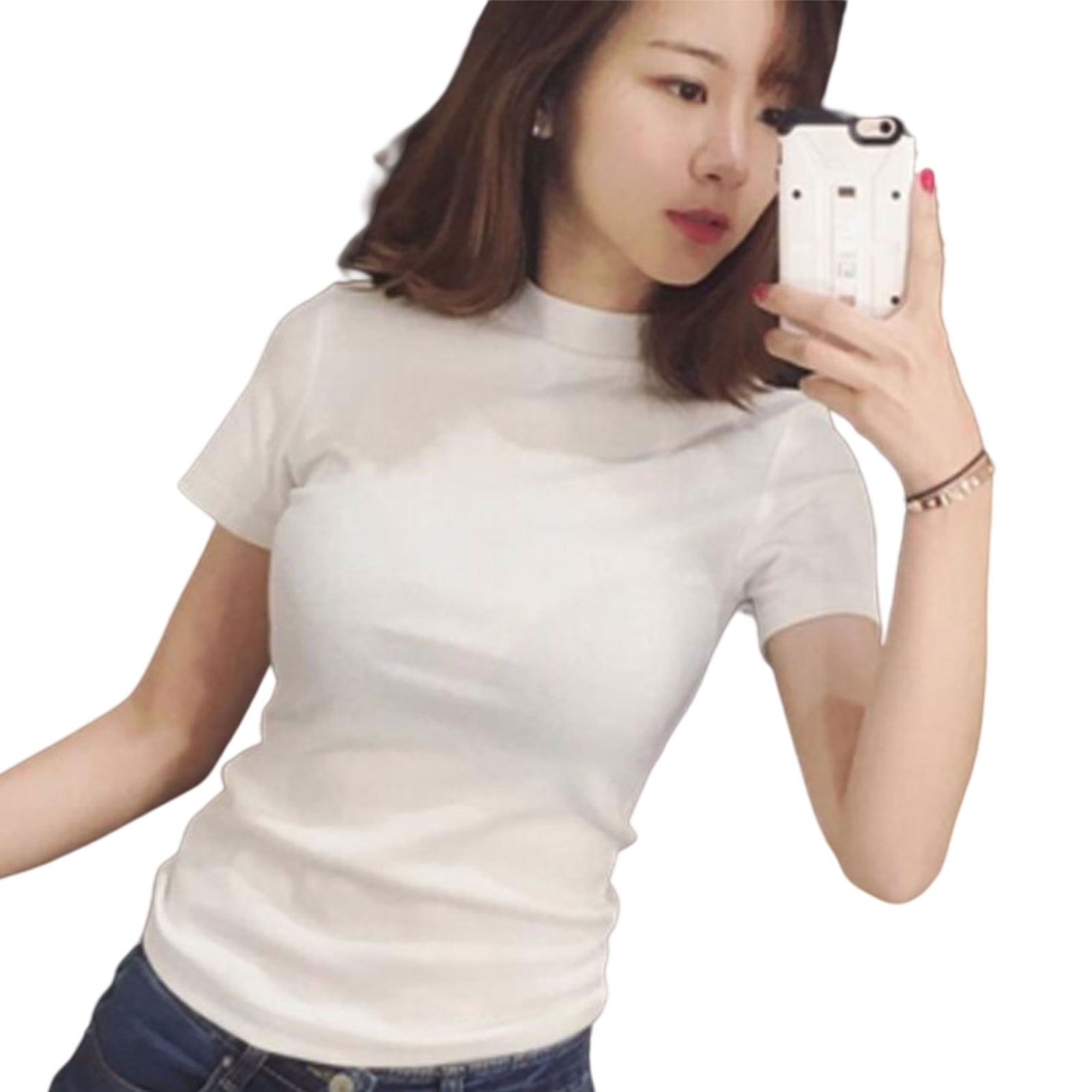 Women Short Sleeve Mock Turtleneck T Shirts Minimalist Plain Solid ...