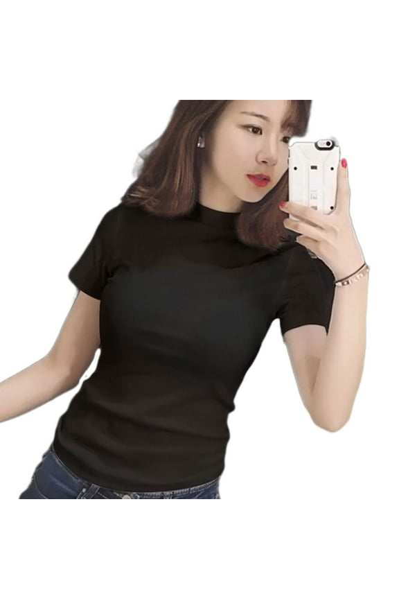 Women Short Sleeve Mock Turtleneck T Shirts Minimalist Plain Solid Color Basic Pullover Tops Casual Slim Bottoming Tee