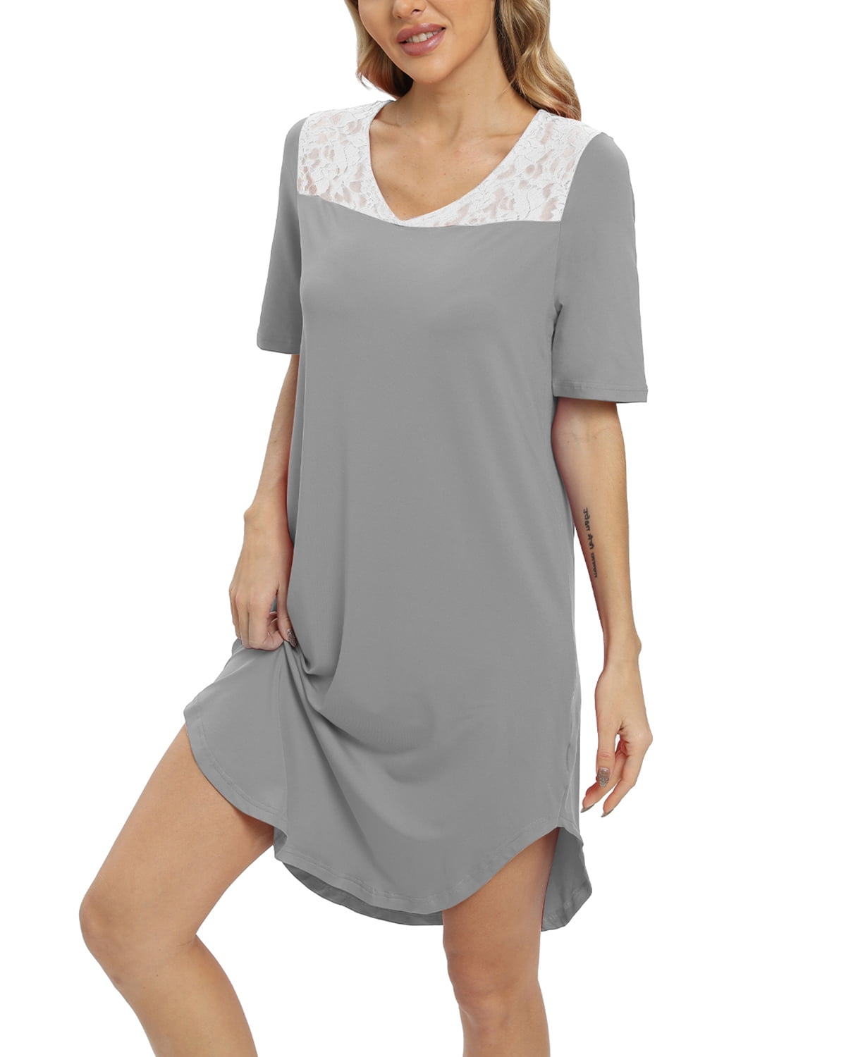 Women Short Sleeve Nightgowns Lace Trim Nightdress V Neck Pajama Night