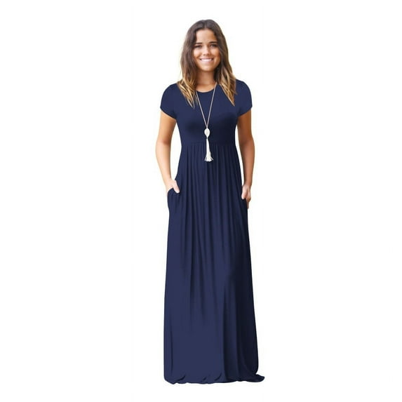 Women Short Sleeve O-Neck Pleated Hem Plain Loose Maxi Long Dress with Pockets