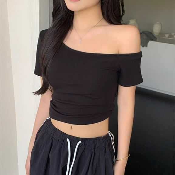 Women Short Sleeve Off The Shoulder Tops Sexy Fitted Shirt Solid Tees L Black