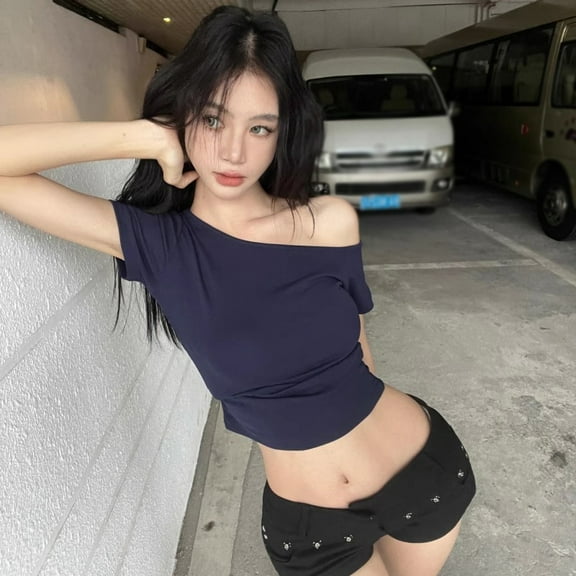 Women Short Sleeve Off The Shoulder Tops Sexy Fitted Shirt Solid Tees XL Blue