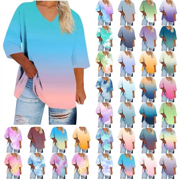 Women Short Sleeve Plus Size Tops Tie Dye V Neck Shirts Trendy Summer Tunic Tee Casual Loose Basic Blouse S-5XL