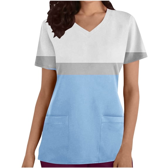Women Short Sleeve Printing Scrubs Tops Breathable Vneck Tunic Blouses Color Block Regular-fit Uniform Tees
