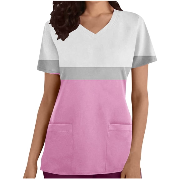 Women Short Sleeve Printing Scrubs Tops Breathable Vneck Tunic Blouses Color Block Regular-fit Uniform Tees