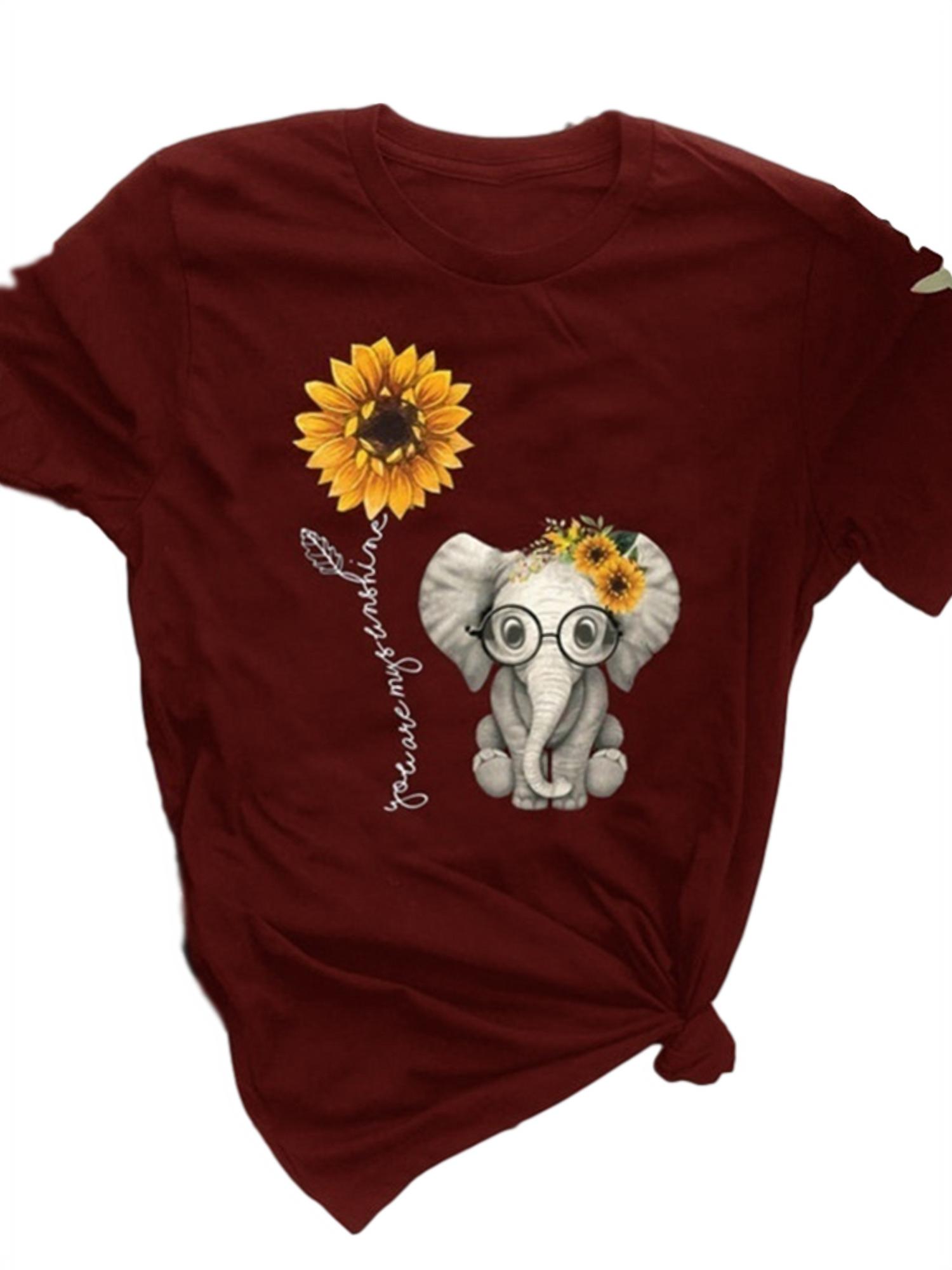 Women Short Sleeve Round Collar Blouse Cute Small Elephant Sunflower Graphic Printed Casual T-Shirts Women Tops Plus Size S-5Xl - image 1 of 1