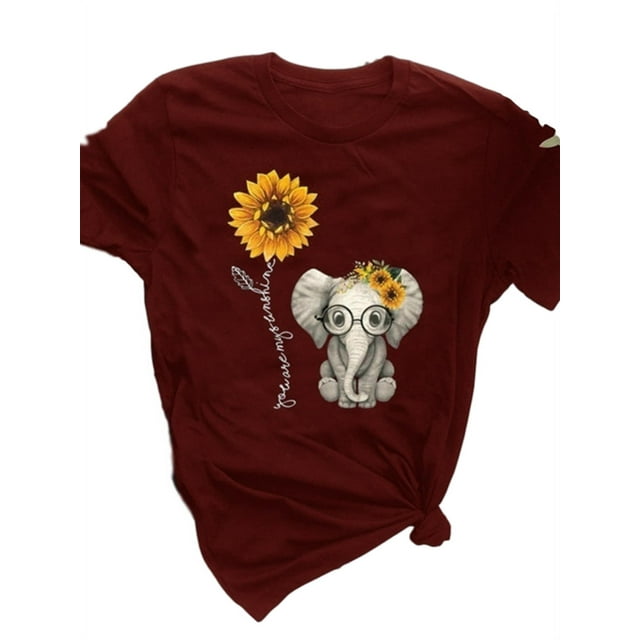 Women Short Sleeve Round Collar Blouse Cute Small Elephant Sunflower Graphic Printed Casual T-Shirts Women Tops Plus Size S-5Xl