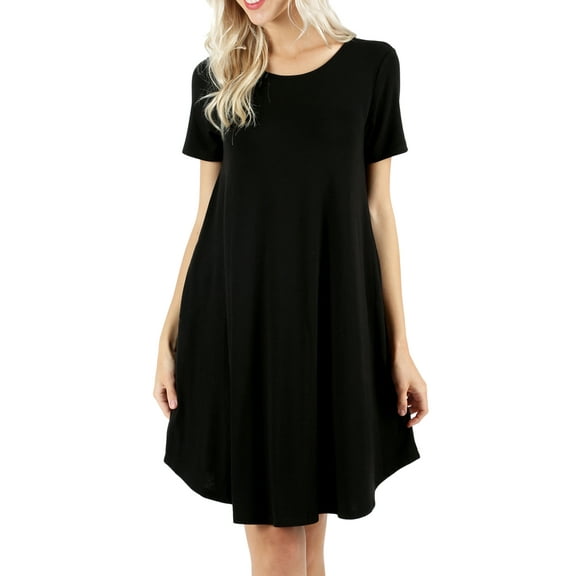 Women Short Sleeve Round Hem A-Line Tunic Dress with Side Pockets (BLACK, S)