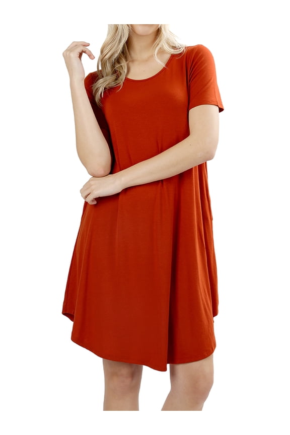 Women Short Sleeve Round Hem A-Line Tunic Dress with Side Pockets (COPPER, S)