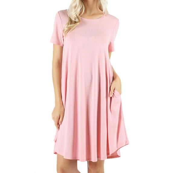 Women Short Sleeve Round Hem A-Line Tunic Dress with Side Pockets (D PINK, M)