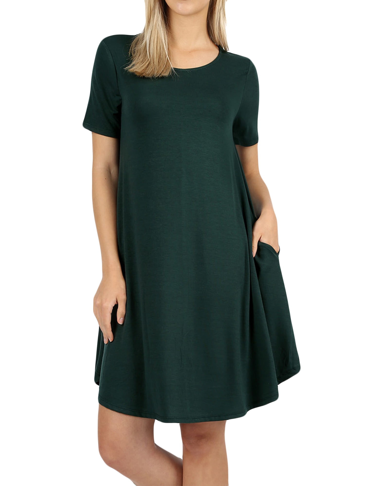 Women Short Sleeve Round Hem A-Line Tunic Dress with Side Pockets (HUNTER  GREEN , S) - Walmart.com
