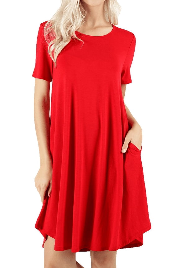 Women Short Sleeve Round Hem A-Line Tunic Dress with Side Pockets (RUBY, M)