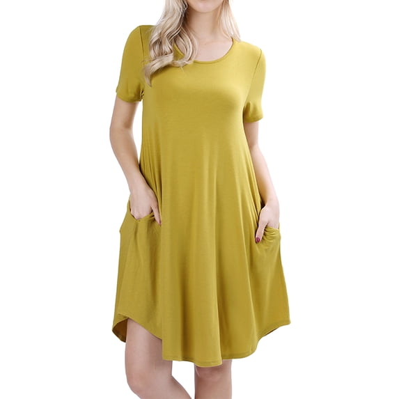 Women Short Sleeve Round Hem A-Line Tunic Dress with Side Pockets (WASABI, S)
