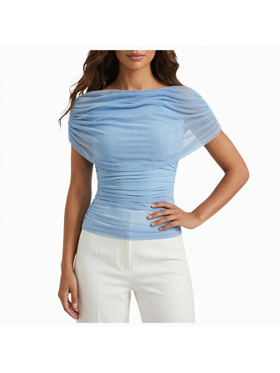 Women Short Sleeve Ruched Blouse Trendy Slim Fit Boat Neck Mesh Patchwork Waist Pullover