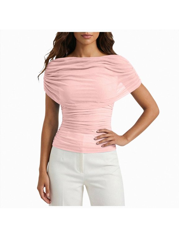 Women Short Sleeve Ruched Blouse Trendy Slim Fit Boat Neck Mesh Patchwork Waist Pullover