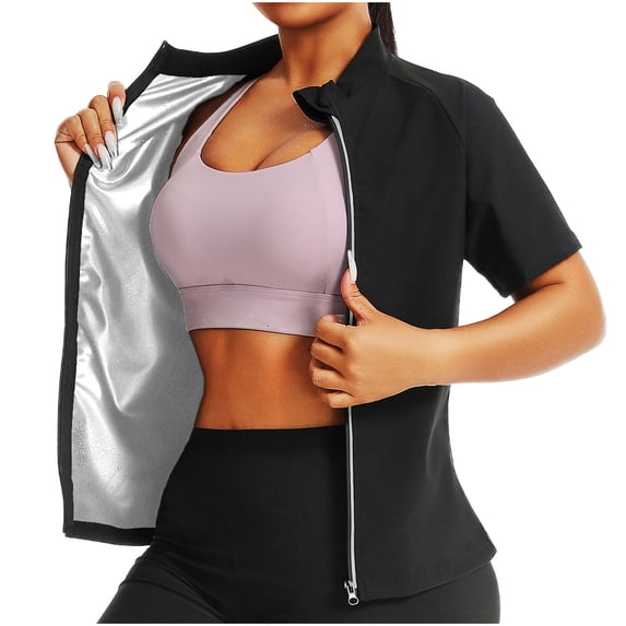 Women Short Sleeve Sauna Suit Hot Sweat Body Shaper Jacket Zipper Up Solid Color Coat Gym Running Fitness Exercise Outerwear