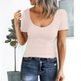 thumbnail image 1 of Women Short Sleeve Scoop Neck Ribbed Fitted Knit Shirt Basic Tight TShirts Henley Solid Color Summer Tops, 1 of 3