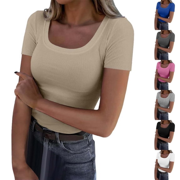 Women Short Sleeve Scoop Neck Ribbed Knit Fitted Casual Tee Summer Slim Basic Top