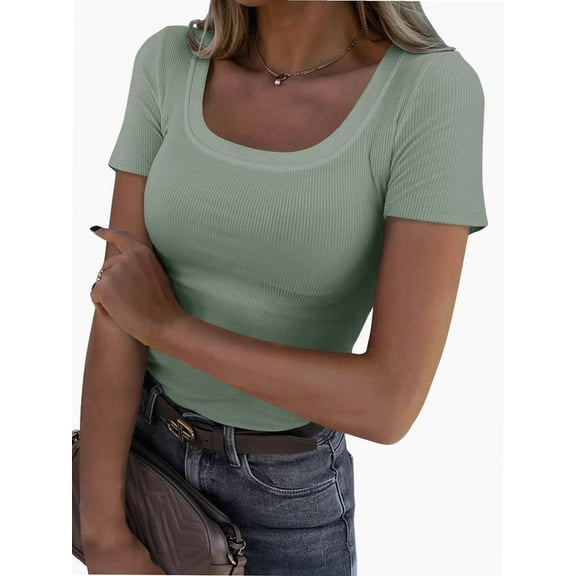 Women Short Sleeve Scoop Neck Tops Shirts Fitted Summer Tshirt Tee