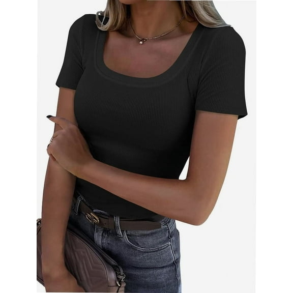 Women Short Sleeve Scoop Neck Tops Shirts Fitted Summer Tshirt Tee