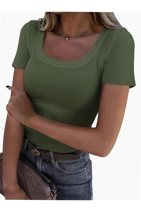 Women Short Sleeve Scoop Neck Tops Shirts Fitted Summer Tshirt Tee