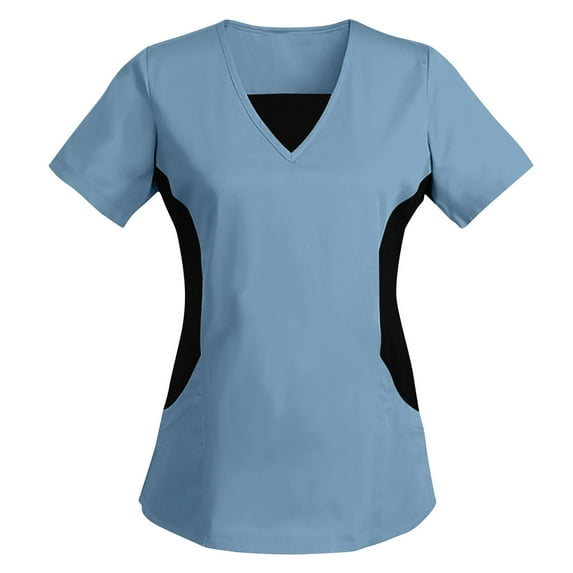Women Short Sleeve Scrub Tops Nursing Uniforms Summer V Neck Nurse Shirts Ladies Color Block Work Blouses Workwear