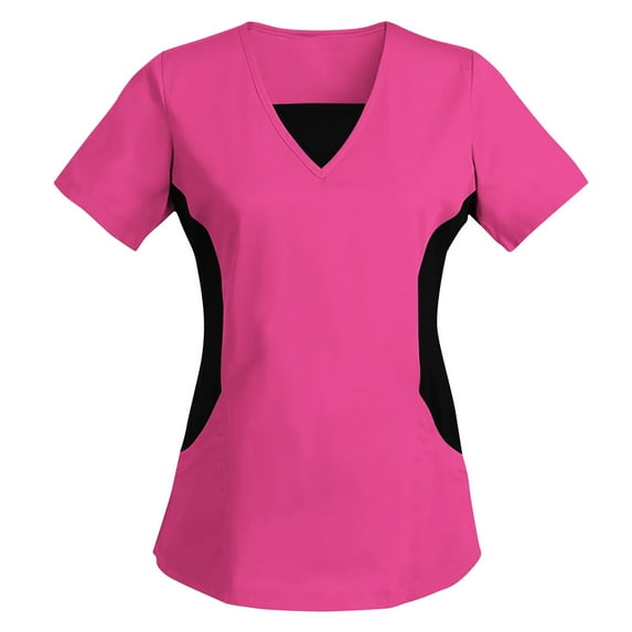 Women Short Sleeve Scrub Tops Nursing Uniforms Summer V Neck Nurse Shirts Ladies Color Block Work Blouses Workwear