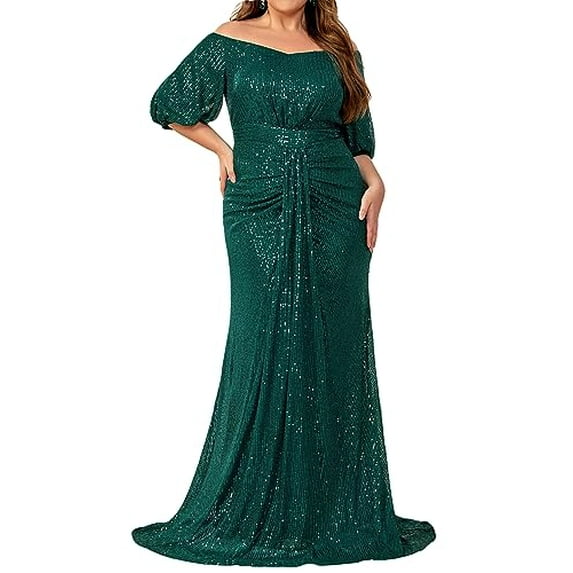 Women Short Sleeve Sequin Formal Dress 1920s Plus Size Cocktail Wedding Guest Dresses Maxi Evening Gown