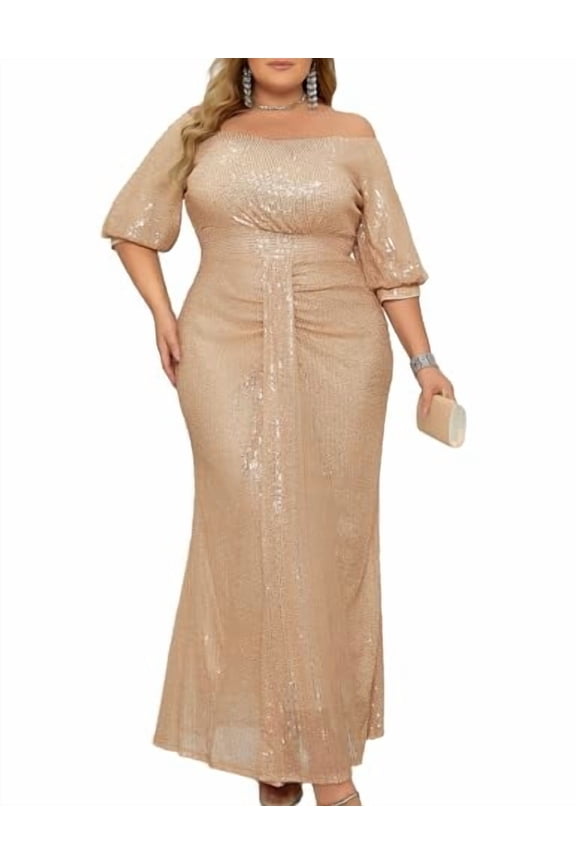 Women Short Sleeve Sequin Formal Dress 1920s Plus Size Cocktail Wedding Guest Dresses Maxi Evening Gown