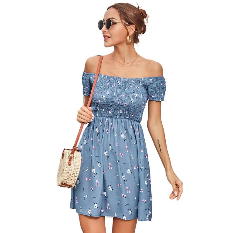 Women Short Sleeve Sexy Off Shoulder Floral Shirred Pleated Mini Swing Dress  - Walmart.com