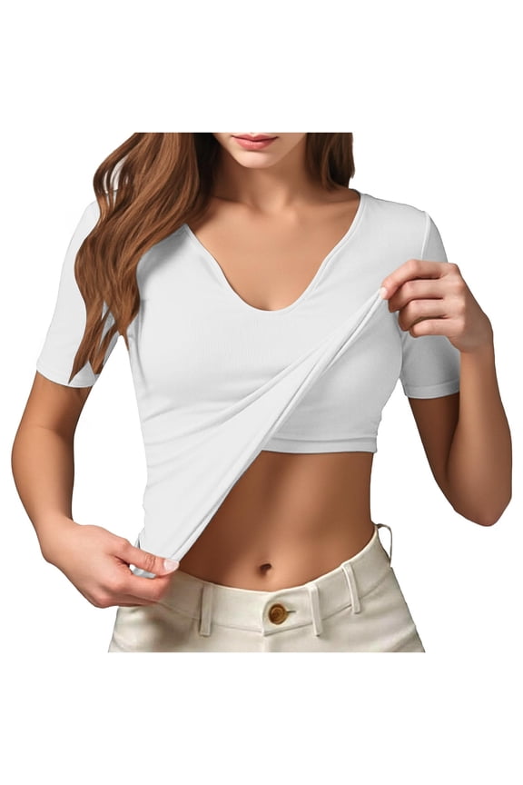 Women Short Sleeve Shirt Built in Bra V Neck Workout Yoga Top Athletic Shelf Bra Padded T Shirt Fitted Ribbed Knit Tee