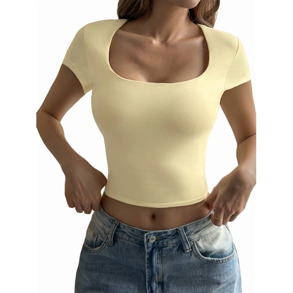Women Short Sleeve Shirts Double Lined Square Neck Cute Going Out Crop Tops Spring Summer Teens Basic Tees Yellow XL