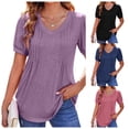 thumbnail image 1 of Women Short Sleeve Shirts Dressy Casual Puff Boho Shirts V Neck Floral Solid Summer Blouse Pleated Tunic Top Tunics Trendy Clothing, 1 of 5