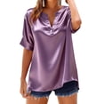 thumbnail image 1 of Women Short Sleeve Silk Satin Tops V Neck Work Dressy Blouses Spring Summer Loose Shirts Business Casual Outfits, 1 of 6