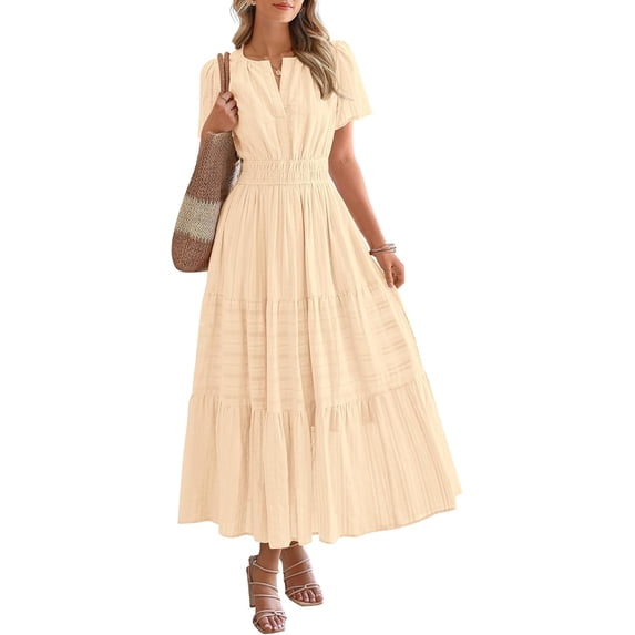 Women Short Sleeve Split V Neck Smocked Waist Tiered Boho Maxi Dress with Pockets, Casual Summer Sundress