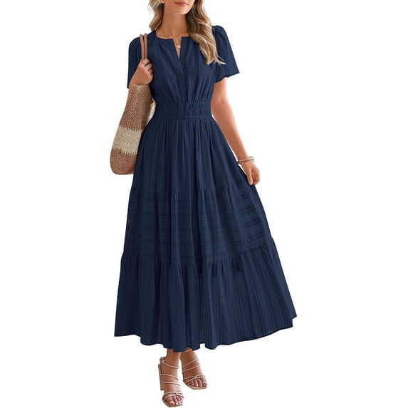 Women Short Sleeve Split V Neck Smocked Waist Tiered Boho Maxi Dress with Pockets, Casual Summer Sundress