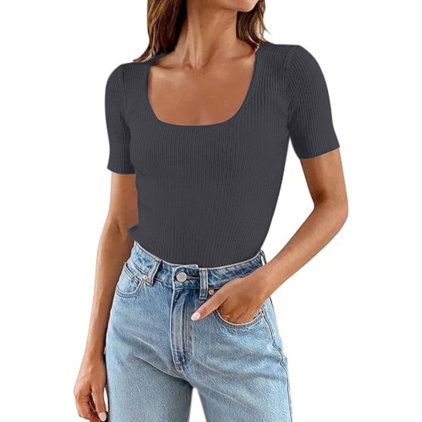 Women Short Sleeve Square Neck T Shirts 2024 Summer Slim Fitted Ribbed ...