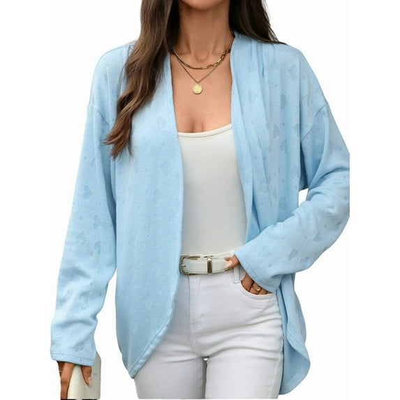 Women Short Sleeve Summer Cardigan Button Down Open Front V Neck Crochet Knit Crochet Textured Shrugs Top Light Blue L