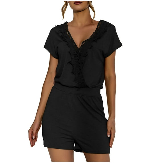 Women Short Sleeve Summer Casual Lace Trim V Neck Elastic Waist Loose Short Jumpsuits Solid Color Rompers for Women