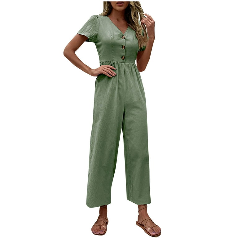 Women Short Sleeve Summer Casual V Neck Wide Leg Cropped Pant Jumpsuits Button Solid Color Loose Fit Comfy Rompers