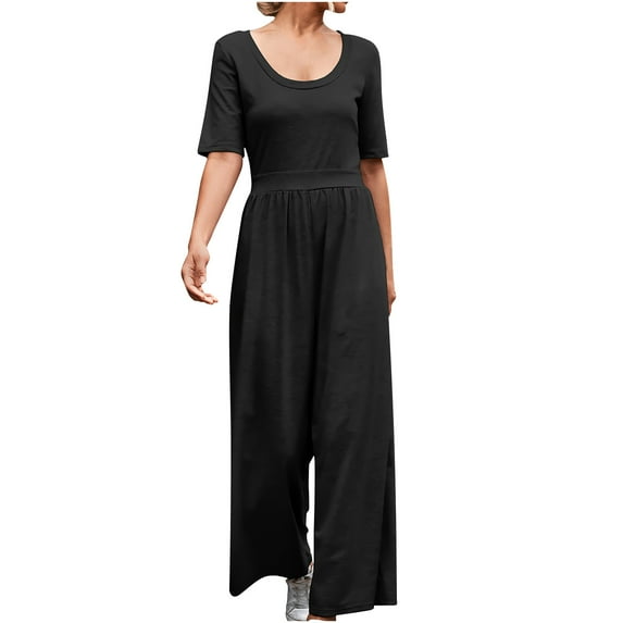 Women Short Sleeve Summer Solid Jumpsuits Casual U Neck Elastic Waist Wide Leg Cropped Pant Loose Flowy Comfy Rompers