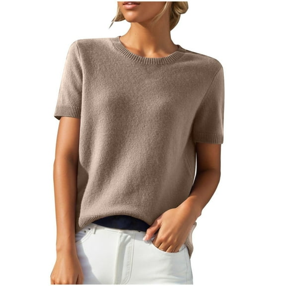 Women Short Sleeve Sweater Crewneck Pullover Lightweight Knitting Shirts Wool Blend Basic Outfits Fall Fashion Workwear Trendy Casual Sweaters Business Comfy Blouses Clothing
