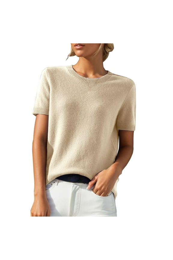 Women Short Sleeve Sweater Crewneck Pullover Lightweight Knitting Shirts Wool Blend Basic Outfits Fall Fashion Workwear Trendy Casual Sweaters Business Comfy Blouses Clothing