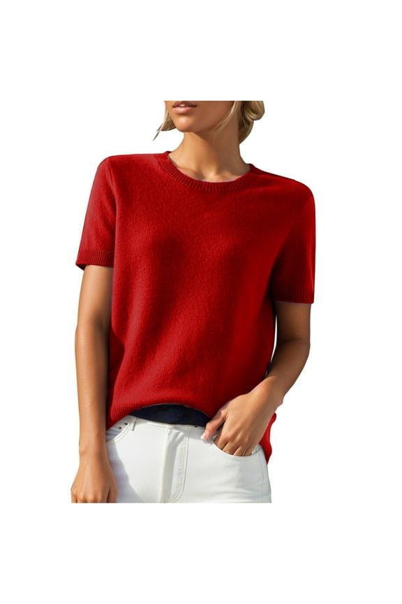 Women Short Sleeve Sweater Crewneck Pullover Lightweight Knitting Shirts Wool Blend Basic Outfits Fall Fashion Workwear Trendy Casual Sweaters Business Comfy Blouses Clothing