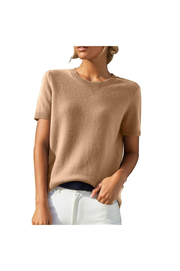 Women Short Sleeve Sweater Crewneck Pullover Lightweight Knitting Shirts Wool Blend Basic Outfits Fall Fashion Workwear Trendy Casual Sweaters Business Comfy Blouses Clothing