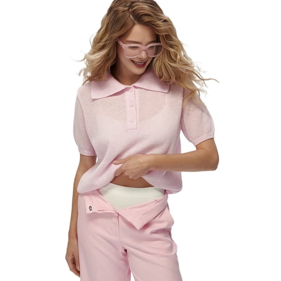 Women Short Sleeve Sweater Large Lapel Neck Knitted Tops Casual Sweater Shirt Loose Pullover Sweater Pink S