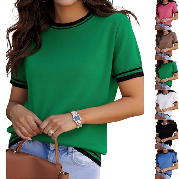 Women Short Sleeve Sweater Summer Crew Neck Dressy Casual Soft Knit Pullover Tops Trendy,XXL,#03 Green